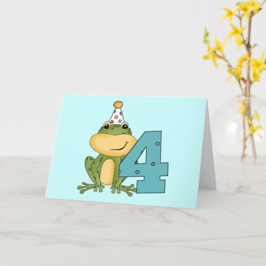 パーティーのカエルの第4誕生日のTシャツおよびギフト カード (黄色い花)