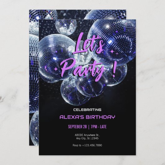 パーティーのディスコボール 招待状 (正面/裏面)