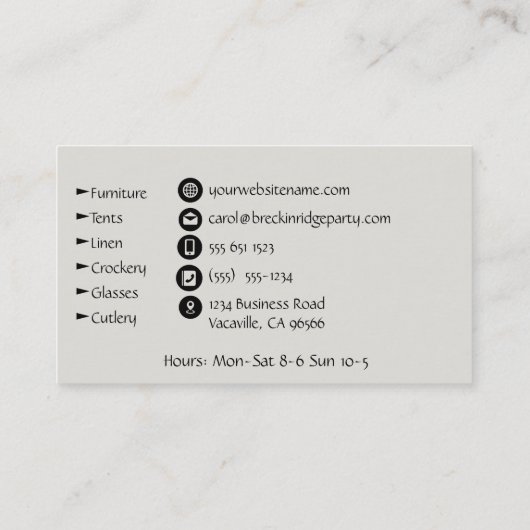 パーティーのプランナーおよびイベントの食料調達の供給 名刺 (裏面)