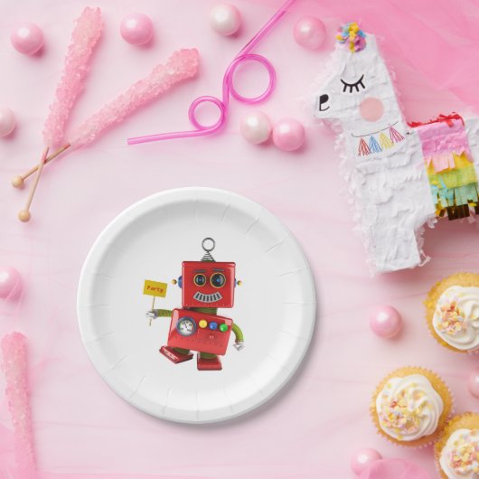 パーティーの印が付いている踊る赤いおもちゃのロボット ペーパープレート (パーティー)