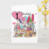 パーティーの子ネコの第1誕生日のTシャツおよびギフト カード (黄色い花)