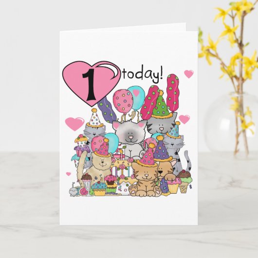 パーティーの子ネコの第1誕生日のTシャツおよびギフト カード (黄色い花)