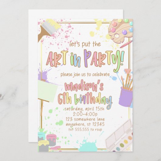 パーティーの子供たちのパーティー招待状の絵画アート 招待状 (正面/裏面)