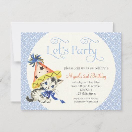 パーティーの帽子の誕生会を持つヴィンテージの小さい猫 招待状 (正面)