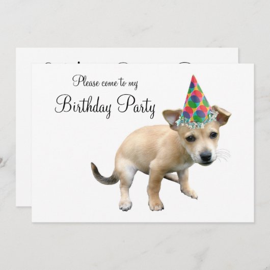 パーティーの帽子の誕生日の招待状の子犬 招待状 (正面/裏面)