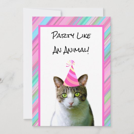 パーティーの帽子の誕生日を持つ動物の猫のような 招待状 (正面)