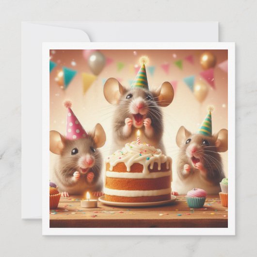 パーティーの帽子をかぶったマウス、マウスの誕生日招待状 招待状 (正面)