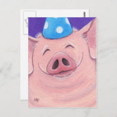 パーティーの帽子をかぶった幸せな豚のイラスト ポストカード (正面/裏面)