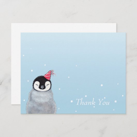 パーティーの帽子を持つかわいいベビーのペンギンは感謝していしています サンキューカード (正面/裏面)