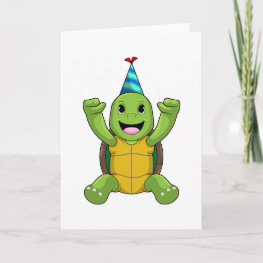 パーティーの帽子を被った誕生日のカメ カード (正面)