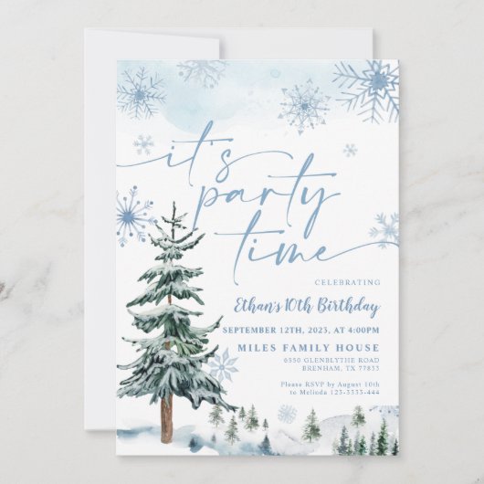 パーティーの時間だ青い冬の誕生日の招待状 招待状 (正面)