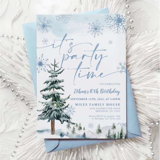 パーティーの時間だ青い冬の誕生日の招待状 招待状