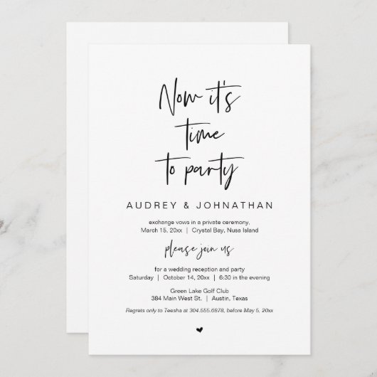 パーティーの時間だ、ブラック、結婚式の秘密の挙式 招待状 (正面/裏面)