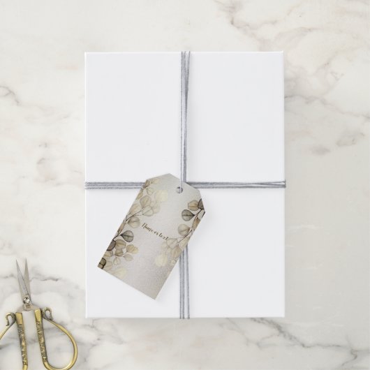 パーティーの水色ゴールデンユーカリの葉の光沢 ギフトタグ (より糸付き)