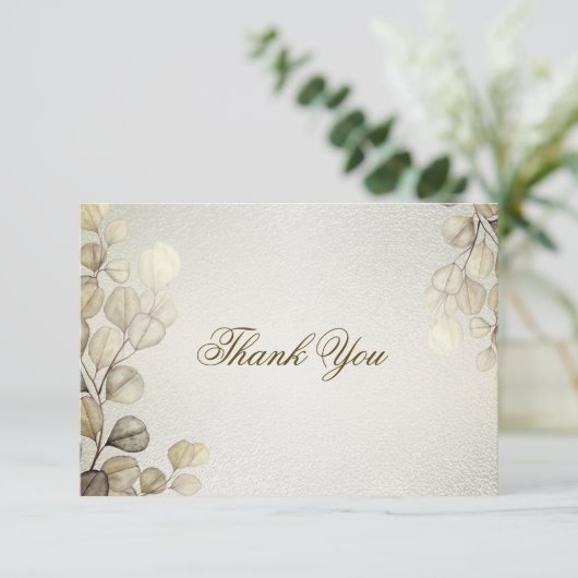 パーティーの水色ゴールデンユーカリの葉の光沢 サンキューカード (スタンド正面)