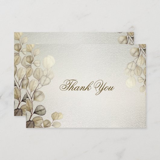 パーティーの水色ゴールデンユーカリの葉の光沢 サンキューカード (正面/裏面)