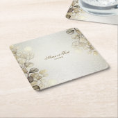 パーティーの水色ゴールデンユーカリの葉の光沢 スクエアペーパーコースター (アングル)