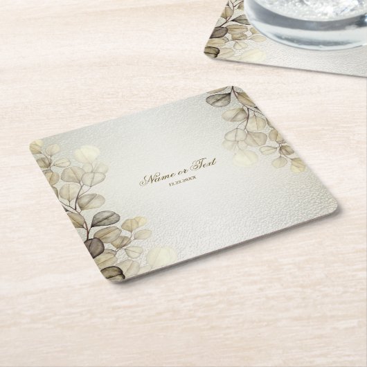 パーティーの水色ゴールデンユーカリの葉の光沢 スクエアペーパーコースター (アングル)