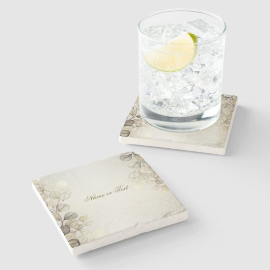 パーティーの水色ゴールデンユーカリの葉の光沢 ストーンコースター (横)