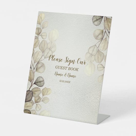 パーティーの水色ゴールデンユーカリの葉の光沢 台座サイン (正面)