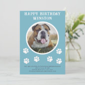 パーティーの犬の写真とテキストの青いペンダント旗 招待状 (スタンド正面)