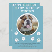パーティーの犬の写真とテキストの青いペンダント旗 招待状 (正面/裏面)