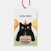 パーティーの猫の誕生日ケーキと風船 ギフトタグ (正面)
