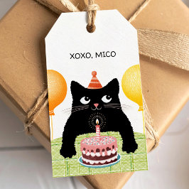 パーティーの猫の誕生日ケーキと風船 ギフトタグ