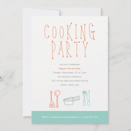 パーティーの誕生日の台所道具落書き第6の調理 招待状 (正面)