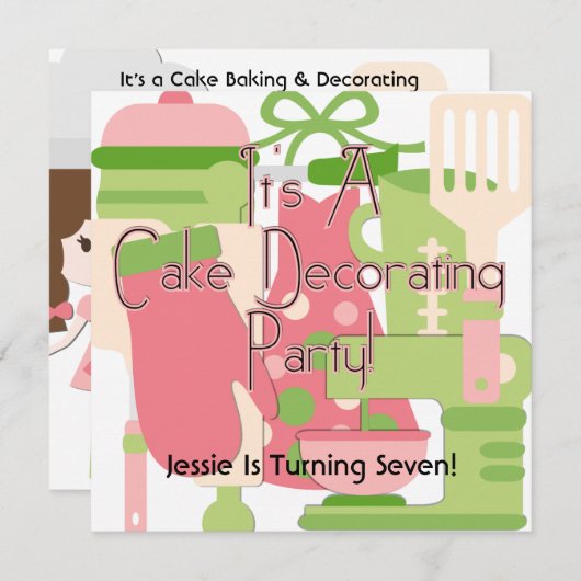 パーティーの誕生日の招待を飾る女の子のケーキ 招待状 (正面/裏面)