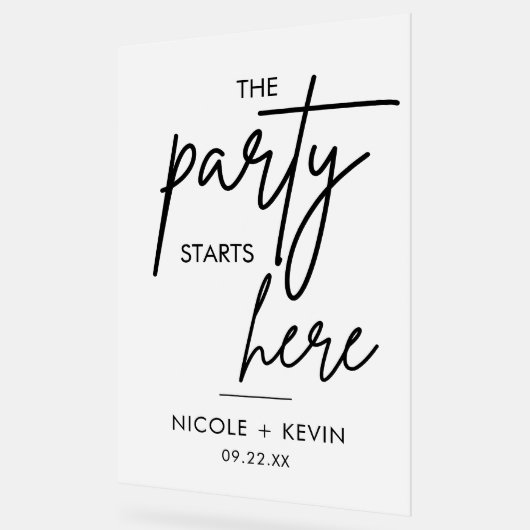 パーティーはここ結婚で始まる アクリルサイン (傾斜)