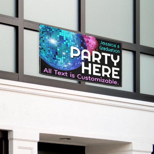 パーティーはこちらカスタマイズ。ディスコ球告知 横断幕 (ビルの外側)