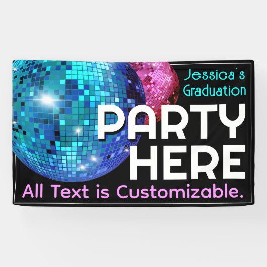 パーティーはこちらカスタマイズ。ディスコ球告知 横断幕 (横)
