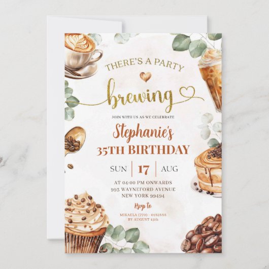 パーティーはコーヒーを醸造している大人あらゆる年齢の誕生日 招待状 (正面)