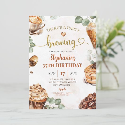 パーティーはコーヒーを醸造している大人あらゆる年齢の誕生日 招待状 (スタンド正面)