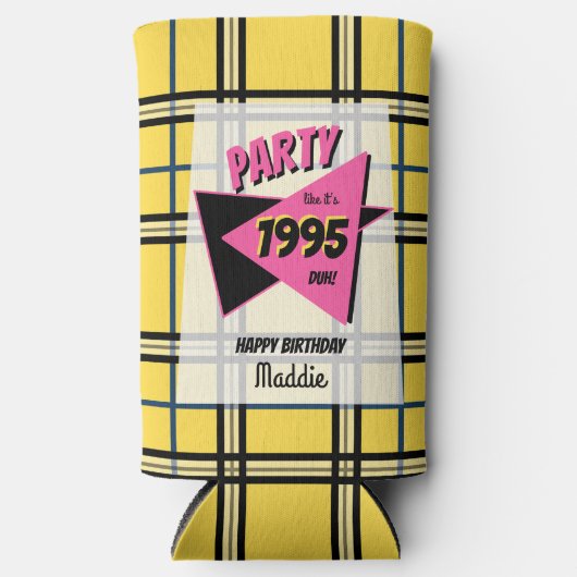 パーティーは90年代の黄色い格子状の誕生日のような スリム缶クーラー (正面)