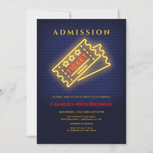 パーティーへのネオンチケット招待状 招待状 (正面)