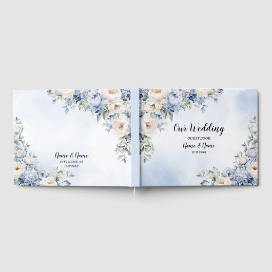 パーティーほこりっぽい青い水色のアイボリー花離れの花 ゲストブック (全面)