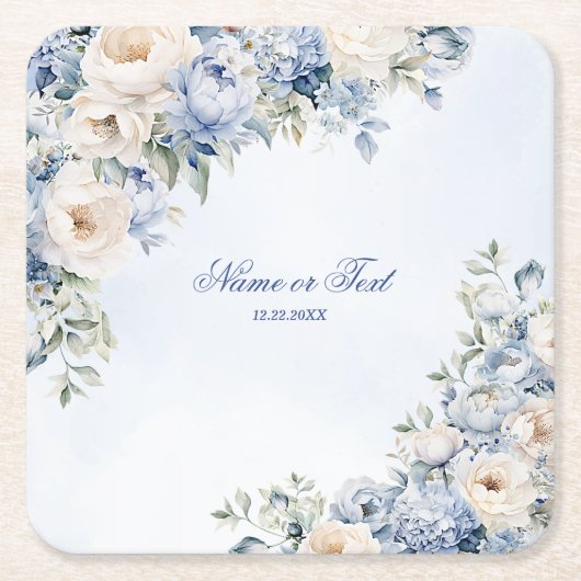 パーティーほこりっぽい青い水色のアイボリー花離れの花 スクエアペーパーコースター (正面)