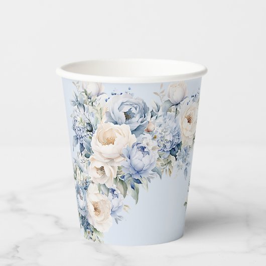 パーティーほこりっぽい青い水色のアイボリー花離れの花 紙コップ (正面)
