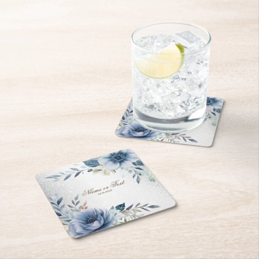 パーティーほこりっぽい青い水色の花シルバーエレガント スクエアペーパーコースター (インサイチュ)