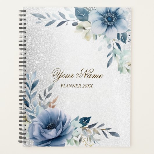 パーティーほこりっぽい青い水色の花シルバーエレガント プランナー手帳 (正面)