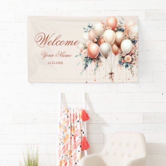 パーティーようこそカラフルホワイトピーチフローラバルーン 横断幕 (インサイチュ)