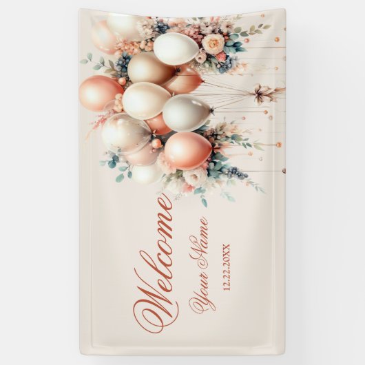 パーティーようこそカラフルホワイトピーチフローラバルーン 横断幕 (縦)