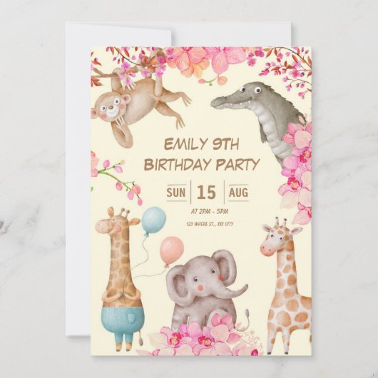 パーティーよくはしゃぐピンク動物誕生日招待状 招待状 (正面)