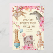 パーティーよくはしゃぐピンク動物誕生日招待状 招待状 (正面/裏面)