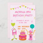 パーティーよくはしゃぐピンク動物誕生日招待状 招待状 (正面/裏面)