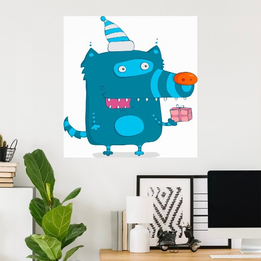パーティーよくはしゃぐ帽子の青い漫画の怪物 ポスター