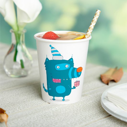 パーティーよくはしゃぐ帽子の青い漫画の怪物 紙コップ