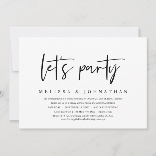 パーティーをしよう、カジュアルな結婚式の挙式後のディナー 招待状 (正面)